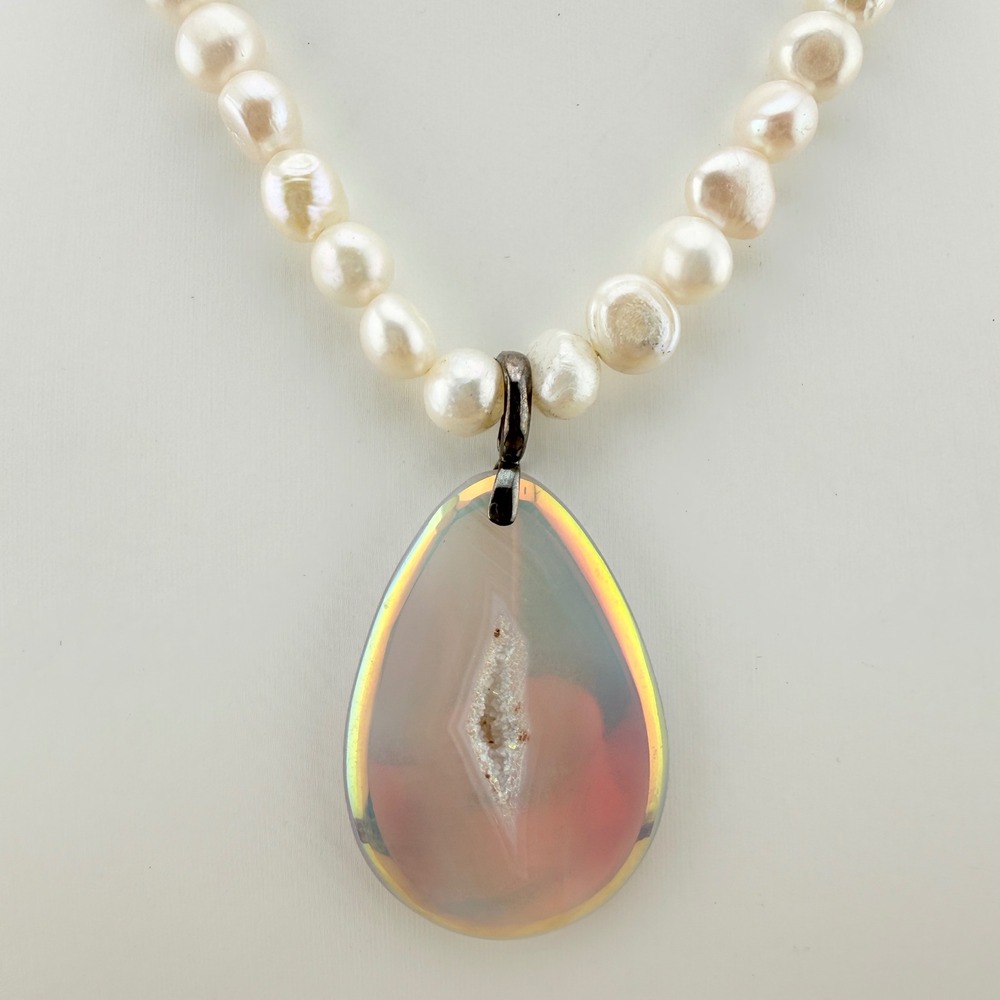 GSJ Sterling Silver Pearl Necklace Agate Druzy Pendant Boho